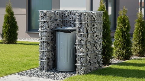 Gabionen‑Windschutz für Mülltonnen